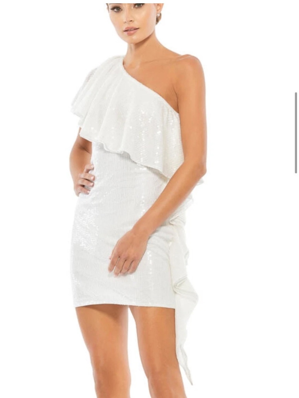 Mac  Duggal🌹 One-Shoulder White Sequin Ruffle Dress